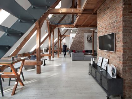 A Spacious Apartment with Beauty of Brick Walls and Timber Structure in Poznań, Poland by Cuns Studio (2)