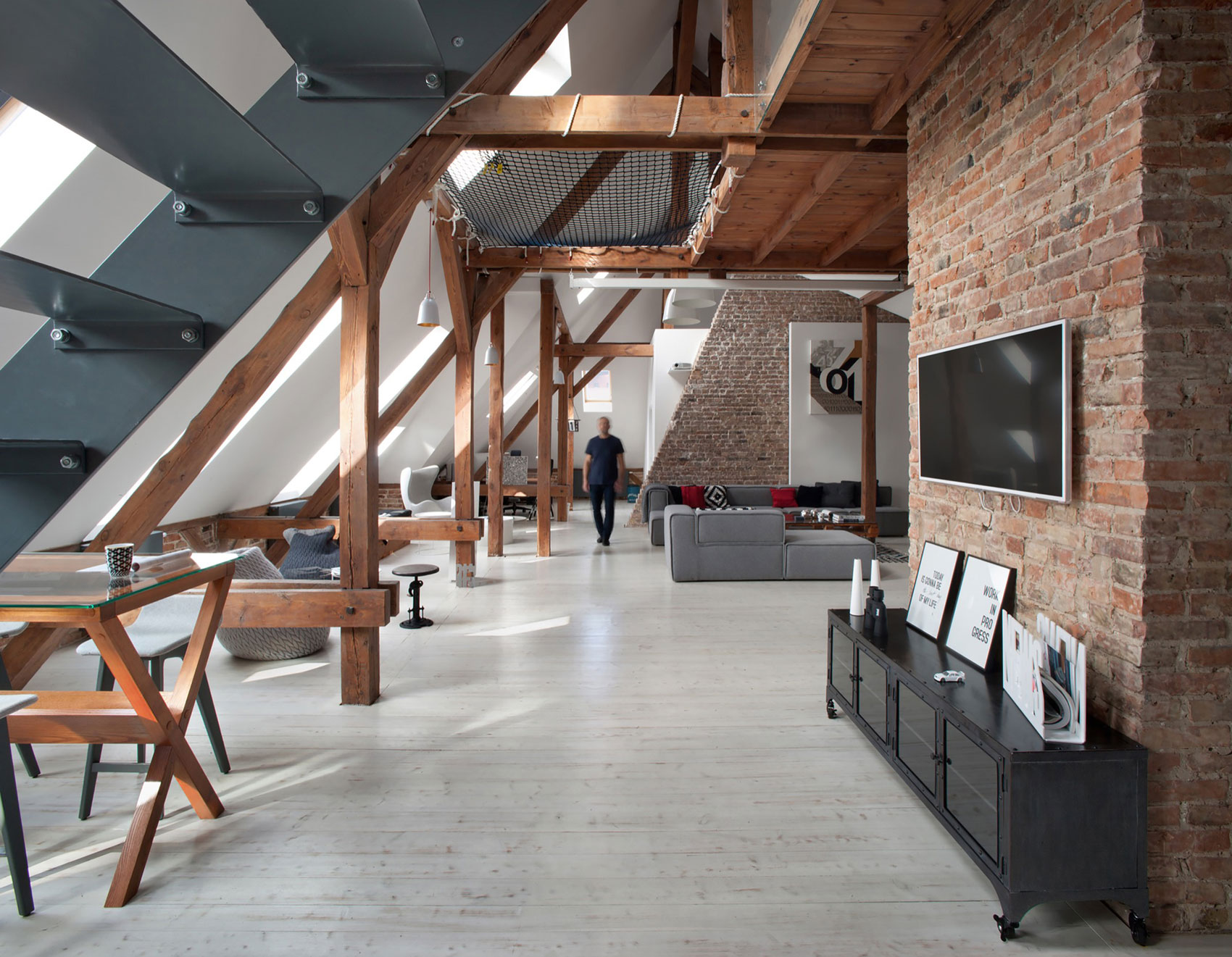 A Spacious Apartment with Beauty of Brick Walls and Timber Structure in Poznań, Poland by Cuns Studio (2)