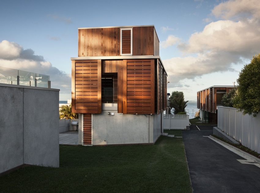 A Geometric Modern Beachfront Home Composed of Three Separate Structures in New Zealand by Athfield Architects (6)