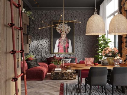 A Cozy Modern Apartment with Vibrant Pops of Red and Rustic Accents in Kiev, Ukraine by Alesya Kasianenko (1)