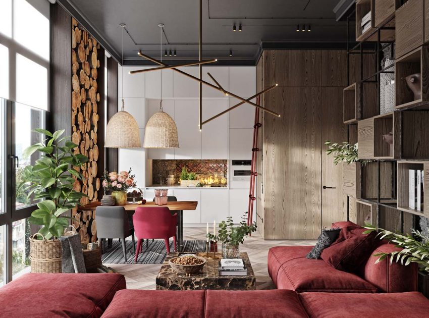 A Cozy Modern Apartment with Vibrant Pops of Red and Rustic Accents in Kiev, Ukraine by Alesya Kasianenko (2)