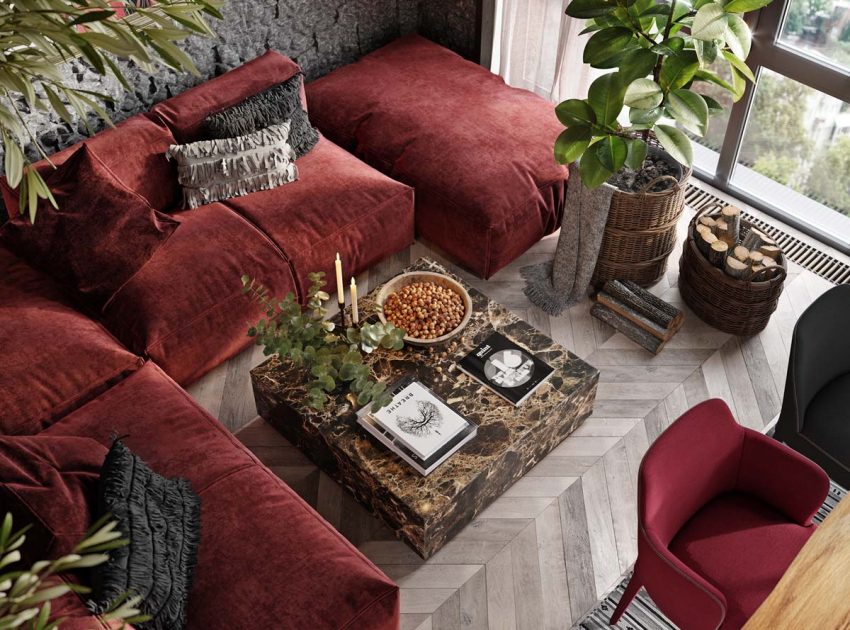 A Cozy Modern Apartment with Vibrant Pops of Red and Rustic Accents in Kiev, Ukraine by Alesya Kasianenko (4)