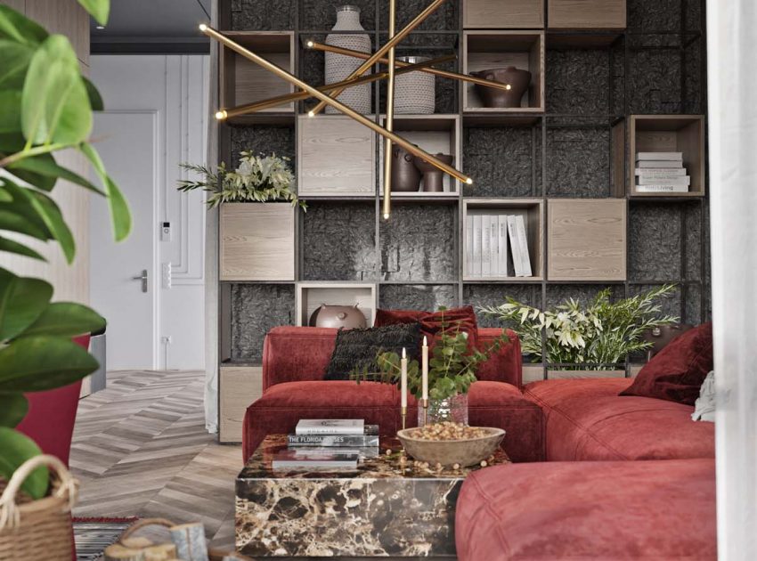 A Cozy Modern Apartment with Vibrant Pops of Red and Rustic Accents in Kiev, Ukraine by Alesya Kasianenko (5)