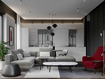 A Luxury Modern Home with Gray Decor and Red Accents in Moscow, Russia by ATO studio construction (1)