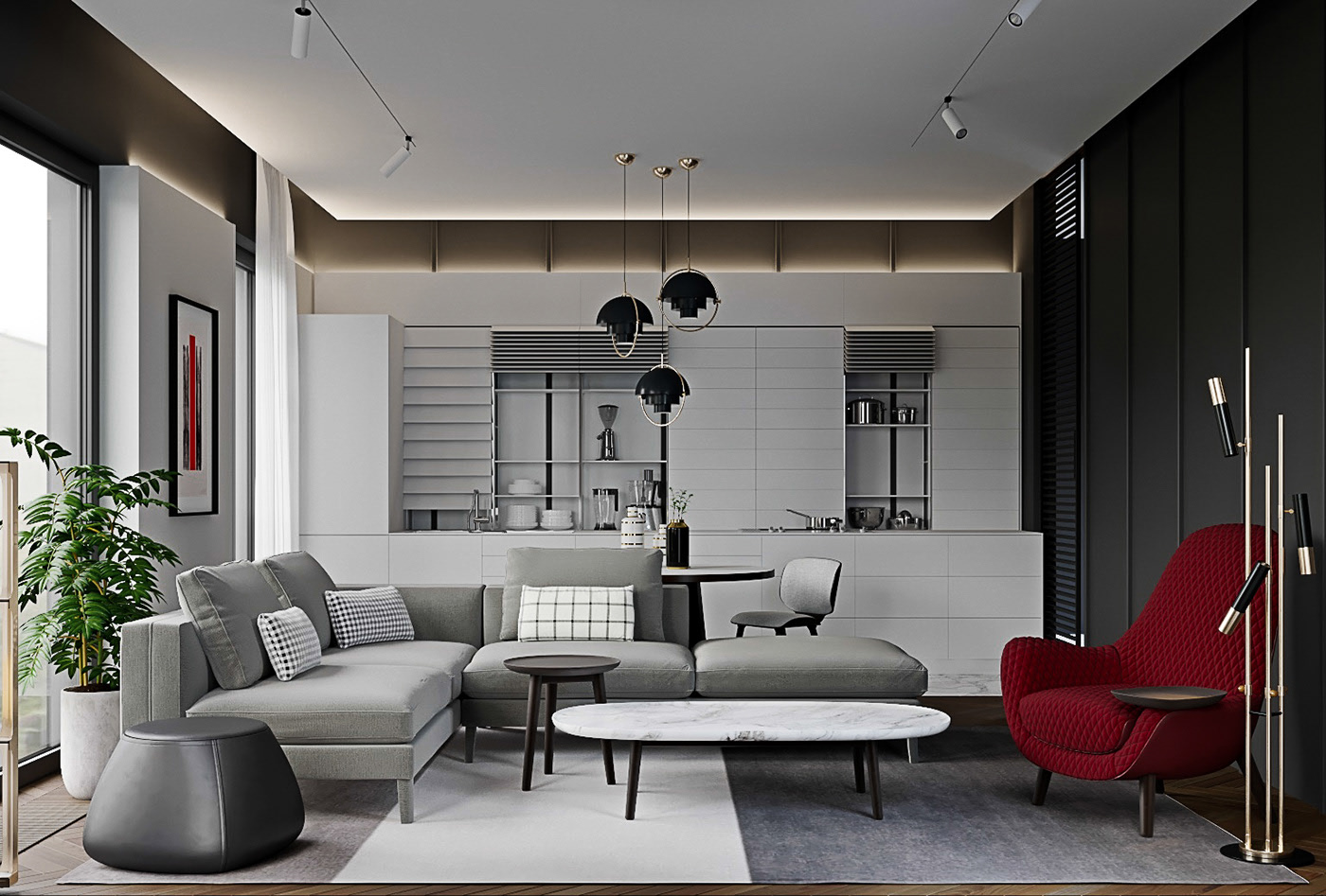 A Luxury Modern Home with Gray Decor and Red Accents in Moscow, Russia by ATO studio construction (1)