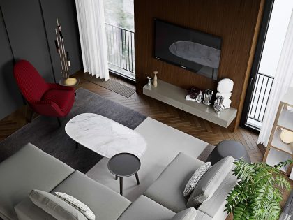 A Luxury Modern Home with Gray Decor and Red Accents in Moscow, Russia by ATO studio construction (2)