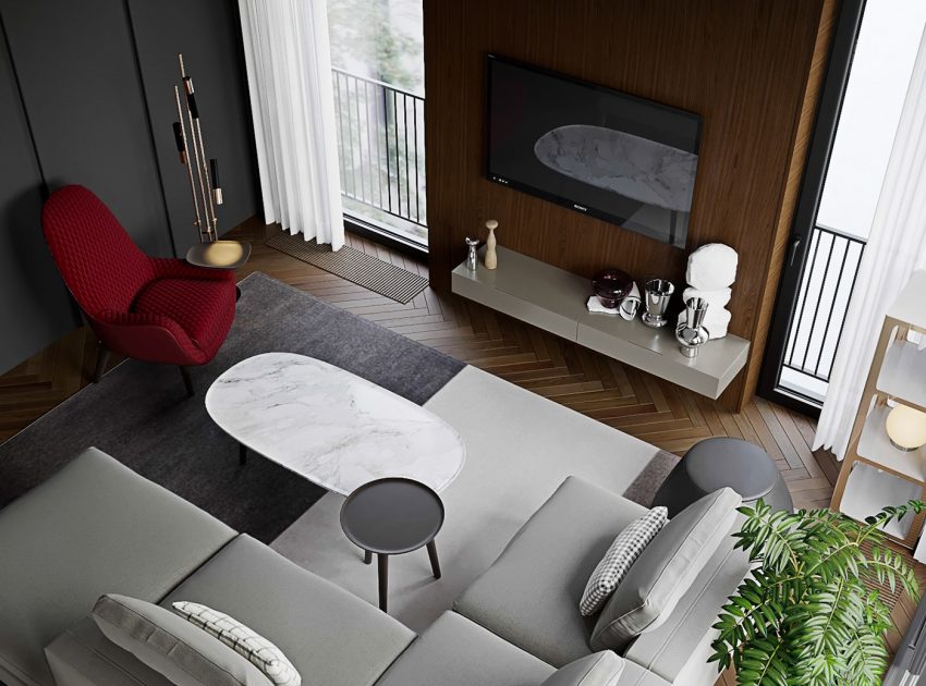 A Luxury Modern Home with Gray Decor and Red Accents in Moscow, Russia by ATO studio construction (2)