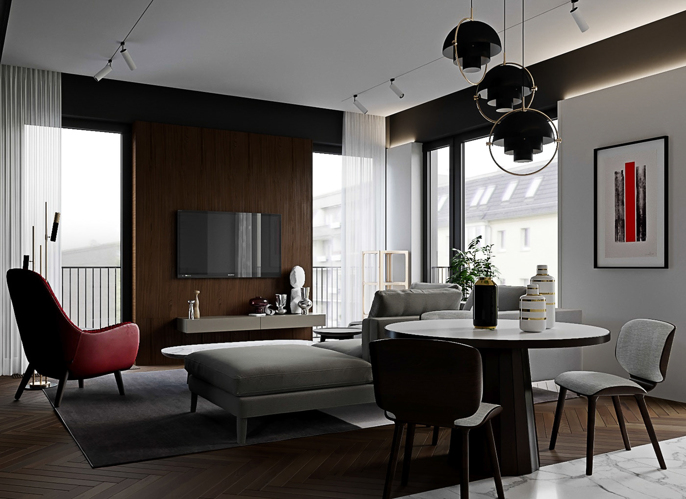 A Luxury Modern Home with Gray Decor and Red Accents in Moscow, Russia by ATO studio construction (3)