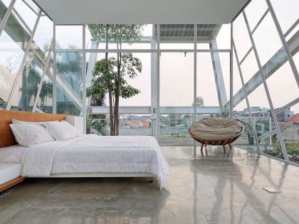 A Stunning Glass House with Slanted Steel Frame and Indoor Pool in Jakarta by Budi Pradono Architects (7)