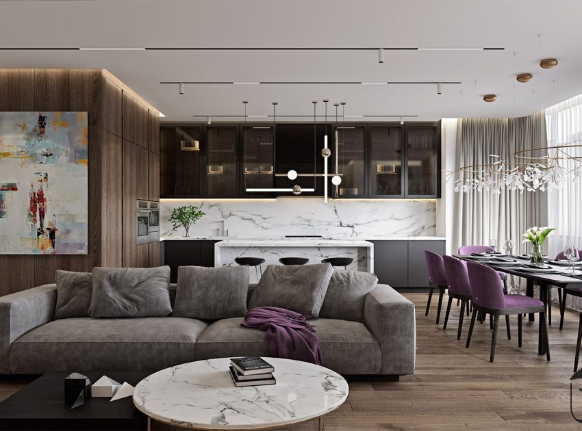An Elegant Modern Home with White Decor and Purple Accents in Kiev, Ukraine by U-Style (1)
