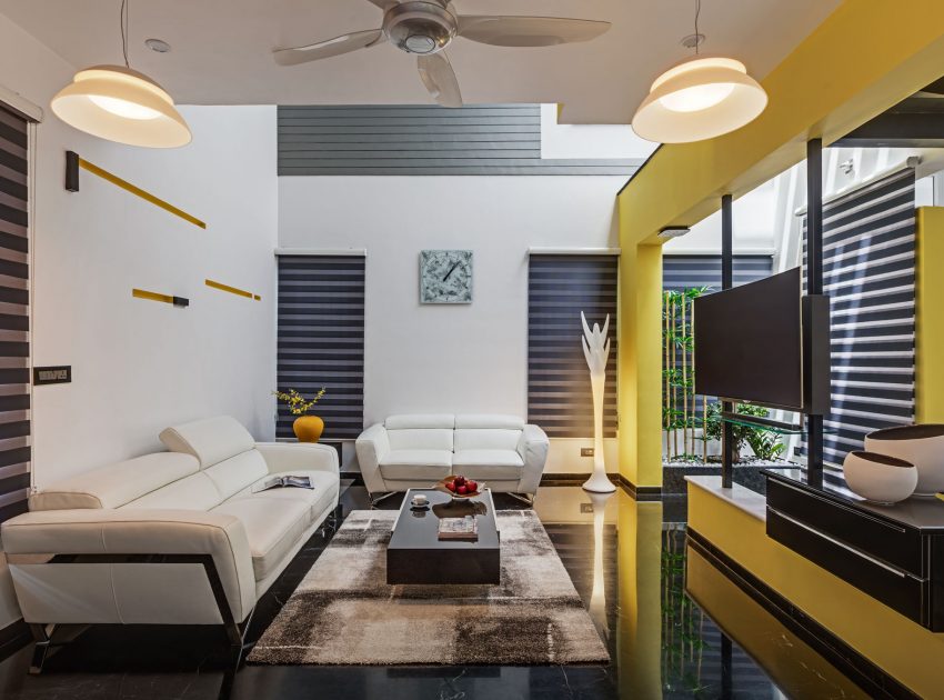 A Bright and Warm Modern Home with Lots of Yellow and White in Nagarbhavi, India by Ashwin Architects (7)